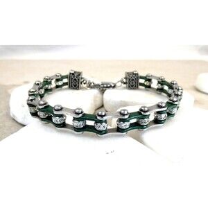 Women's Stainless Steel Green Enamel CZ Motorcycle Bike Chain Bracelet 7"